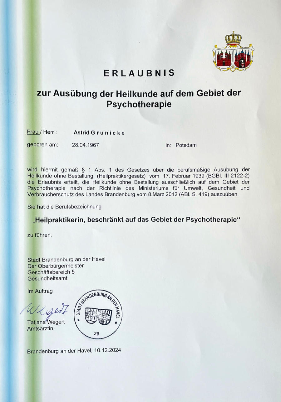 Erlaubnisurkunde HPP Astrid Grunicke